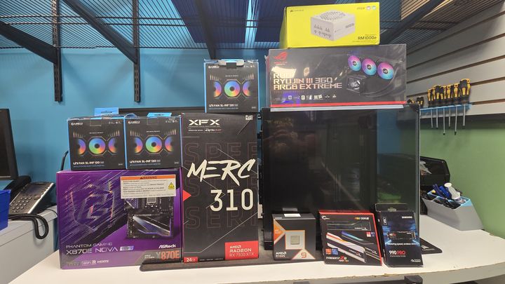 Computer case and boxed graphics card, processor, memory and cooling components